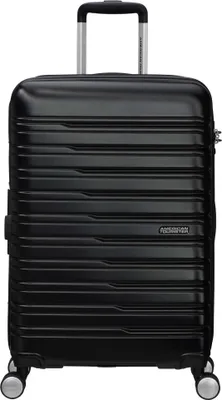 A black American Tourister suitcase is shown from the front.