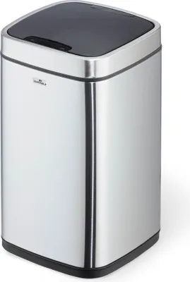 A silver sensor trash can with a black lid is shown against a white background.