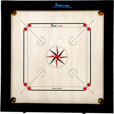 A carrom board with its pieces and markings.