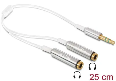 Produktbild von DeLOCK Kabel Audio Klinkenstecker 3,5 mm > 2 x Klinkenbuchse 25 cm, 3.5mm, Männlich, 2 x 3.5mm, Weiblich, 0,25 m, Silber, Weiß