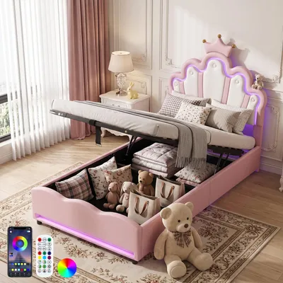 Produktbild von OYAJIA Kinderbett 90x200, Polsterbett für Mädchen Kronen-Doppelbett mit LED-Streifen, Hydraulischer Stauraum, aus Kunstleder Bettrahmen mit Lattenrost