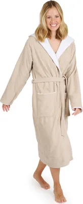 Produktbild von Blumtal Bademantel Damen, kuschelig weicher Bademantel Damen Baumwolle mit gefütterter Kapuze und samtigen Frottee-Velours, ® , M in Taupe/Weiß