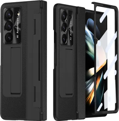 Produktbild von Hülle für Samsung Galaxy Z Fold 5 mit Displayschutz & Objektivschutz Litschi Ständer Schutzhülle Schwarz