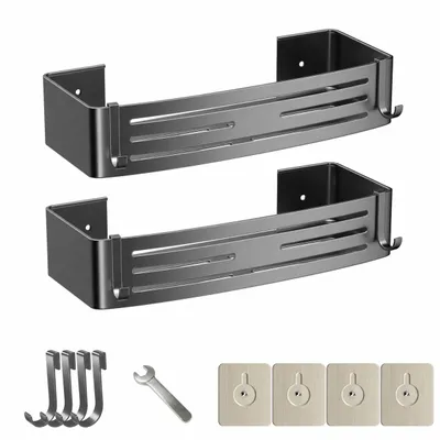 Produktbild von Selbstklebendes Duschregal, 2 Stück, 32,5 cm, Aluminium-Badorganizer ohne Bohren, Wandmontage, 4 Haken, Gunmetal-Grau