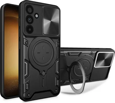 Produktbild von Handyhülle für Samsung Galaxy M55 Dual-Layer Stoßfest Rüstung Hülle mit Dia Kameraschutz und Kreisförmig Ring Ständer Schwarz