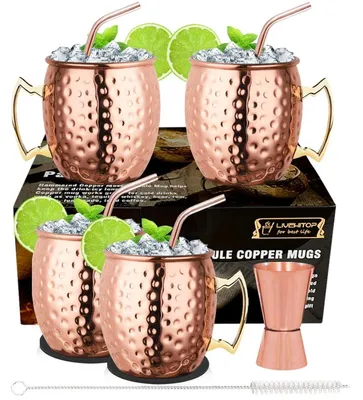 Image de Ensemble de 4 verres "Moscow Mule" imitation cuivre, avec sous-verres et pailles