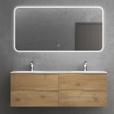 Produktbild von doporro Badmöbelset Waschbeckenunterschrank in Kerneiche 144x48x52cm Unterschrank mit Mineralguss-Doppelwaschbecken Badezimmer mit 4 Schubladen inkl. LED-Spiegel Vanessa