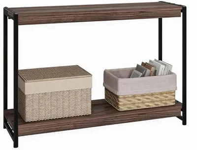 Image de Table d'appoint à motif ondulé - Table basse/table de chevet à 2 niveaux - Avec surface de rangement - Compacte et peu encombrante - Structure en bois - Couleur : noyer