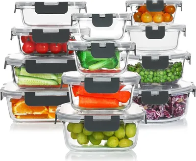 Image de Lot de 24 récipients en verre, sans BPA, adaptés au micro-ondes et au lave-vaisselle, comprenant 12 récipients et 12 couvercles