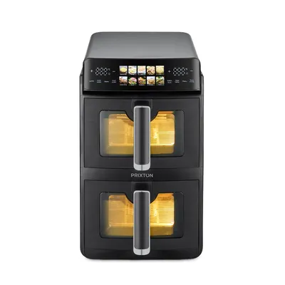 Produktbild von PRIXTON Vertikale Heißluftfritteuse 10L mit Doppelkörben 5L + 5L, 2600 W, Touch-LED-Display, 10 Programme, 80–200 °C, Sichtfenster, Innenbeleuchtung