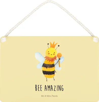 Produktbild von Mr. & Mrs. Panda Schild Biene König DIN A5 - Gelb Pastell - Geschenk, kleine aufmerksamkeit, wandtafel, Türschild, holzbild, Wandbild Holz