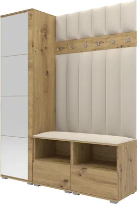 Produktbild von Garderoben-Set Nela II LUX mit Spiegel, gepolsterte Garderobe 150 cm mit Doppel-Sitzbank, Wandpaneelen und Stauraum (Farbe: Artisan Eiche + Trinity 01)