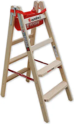 A wooden stepladder with a red tool tray.