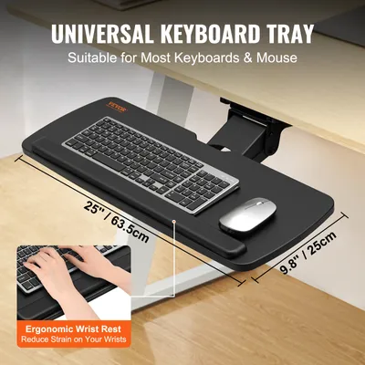 Image de VEVOR Tablette clavier sous le bureau Grande 250 x 635 mm, Tablette clavier réglable en hauteur de 0 à 220 mm, Tablette clavier Keyboard, Tablette clavier coulissante pour le bureau, la maison, etc.