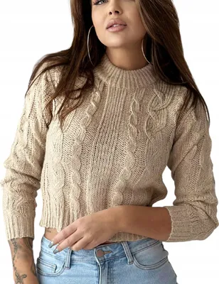 Produktbild von Modischer, warmer Damenpullover, kurz geschnitten, halber Rollkragen, Zöpfe, beige, Größe M