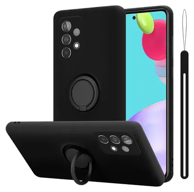 A black phone case with a ring holder is shown from multiple angles.