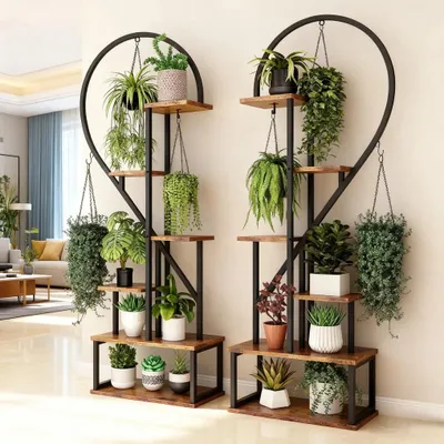 Produktbild von Blumenständer 6 Ebenen 2er Set – Pflanzenregal Halbherzform 136,5 cm, großer Pflanzenständer für Wohnzimmer, Balkon & Indoor Bereiche