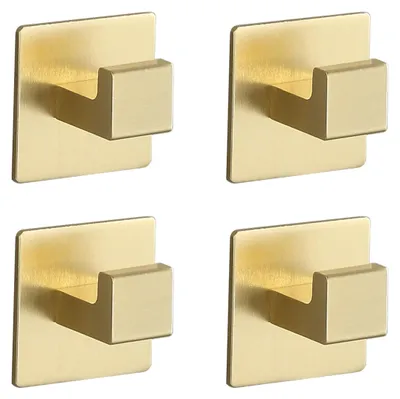 Produktbild von Handtuchhaken in gebürstetem Gold, 4 Stück, selbstklebend, quadratisch, selbstklebende Wandhaken