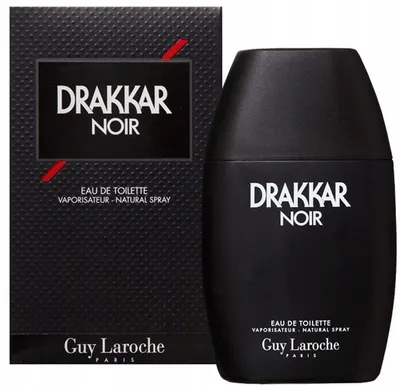 A bottle of Drakkar Noir cologne and its packaging are displayed against a white background.