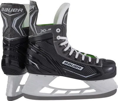A pair of black Bauer hockey skates shown from the side.