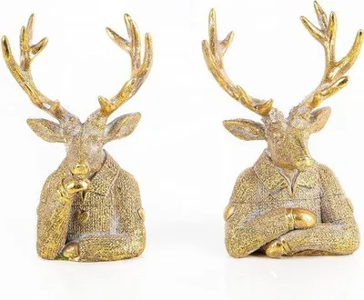 Productafbeelding van Unyqoos® Set van 2 hertenbusten van polyhars, gouden kerstdecoratie, 16 cm, twee designs – elegante hertenkop-figuren om neer te zetten