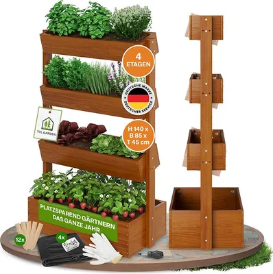 Produktbild von TTL GARDEN Vertikal Hochbeet 4 Etagen Holz – Kräuterbeet 140x85x45cm mit Folie hellbraun