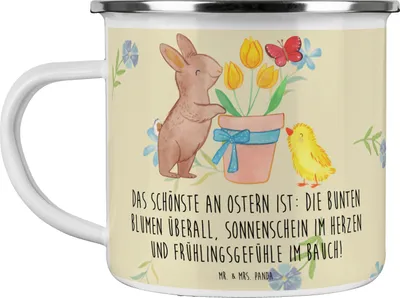 Produktbild von Mr. & Mrs. Panda Haferl Hase Küken - Blumig - Geschenk, Campingtasse, Emaille Becher, Teetasse, Ostern, Tasse, Ostergeschenk, Pott