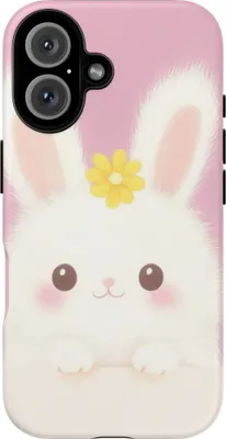 Produktbild von Niedliches weißes Kaninchen mit gelber Blume – Hülle Kompatibel mit iPhone 16