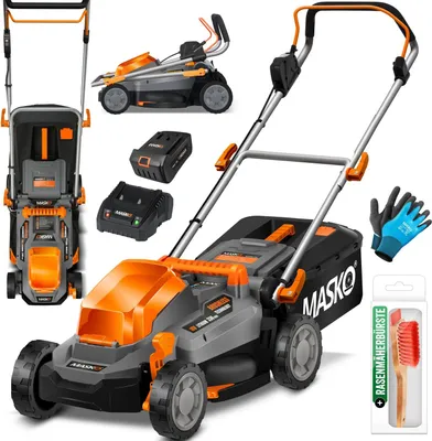 Produktbild von MASKO® Akku Rasenmäher ECO-X10 inkl. 1 oder 2 Akkus Li-Ion Batterie 4 Ah & Doppel-Ladegerät – Rasentrimmer, 25-75mm Schnitthöhenverstellung, 33/37/43cm Schnittbreite, Inkl. Handschuhe & Bürste