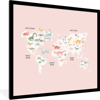 Produktbild von MuchoWow® Gerahmtes Poster Weltkarte - Kinder - Dinosaurier 40x40 cm - Poster mit Schwarzem Bilderrahmen Wandposter Rahmen Foto Bilder - Mit Rahmen - Wanddekoration Schlafzimmer
