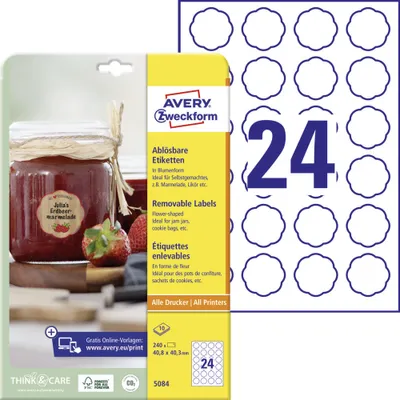 Produktbild von Avery Zweckform 5084 Etiketten in Blumenform, ablösbar, A4, 40,8 x 40,3 mm, 10 Bogen/240 Etiketten, weiß