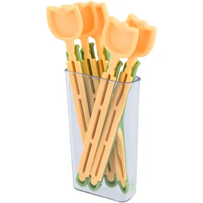 Produktbild von Tulpenform Beutelclips mit magnetischer Aufbewahrungsbox, 5er Set, ABS-Material, für Snacks, Lebensmittelverpackungen, Feuchtigkeitsschutz, 14x9.5x5cm