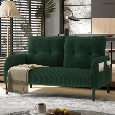 Image de LVHOM Canapé 2 places avec socle métallique, Canapé double en tissu velours côtelé avec poches latérales, Canapé rembourré Canapé en tissu siège Loungesofa, 120x79x75cm, Emerald