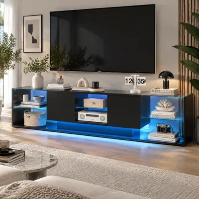 Imagen del producto de Mueble de TV INONEFT de alto brillo con iluminación LED, mueble bajo de TV con 2 cajones y espacio de almacenamiento con cristal templado, 200 x 35 x 45 cm, color negro