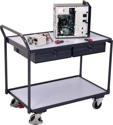 Produktbild von VARIOfit ESD Tischwagen mit gebogenen Schiebegriff, 2 Schubladen und 2 Ladeflächen 985x595mm