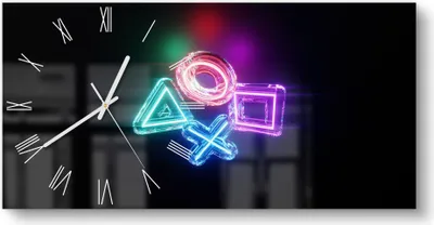 Produktbild von DEQORI Glasuhr 60x30 cm Römisch 'Neon Gaming Symbole' Wanduhr Glas Uhr Design leise Küchenuhr