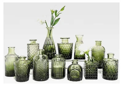 Produktbild von Set aus Glasvasen, kleine grüne Blumenvasen für Tischdekoration, 12-teilig