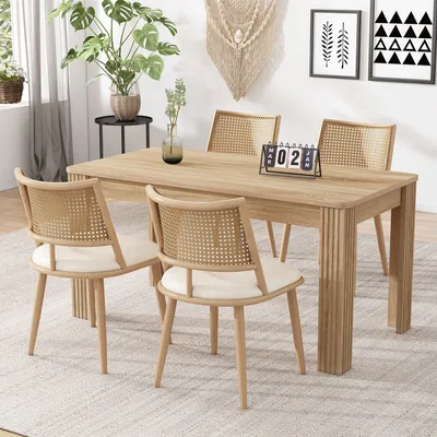 Immagine prodotto di MODFU - Sedia da pranzo imbottita (set di 4 pezzi) con gambe in legno, sedia da pranzo con schienale in rattan, tavolo. Sedia da pranzo adatta per soggiorno e camera da letto, color beige
