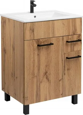 Obrázok produktu pre Kúpeľňová skrinka s umývadlom stojaca 60x47cm Dub Wotan + čierna batéria
