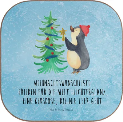 Produktbild von Mr. & Mrs. Panda Untersetzer für Gläser Pinguin Weihnachtsbaum - Eisblau - Geschenk, Weihnachten, unterleger, Winter, Coaster, gläseruntersetzer, Holzuntersetzer