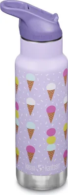 A close-up studio shot of a reusable water bottle with an ice cream pattern.