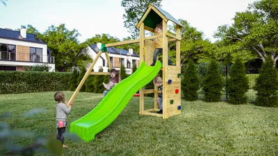 Produktbild von Spielturm mit Rutsche, Schaukel, Kletterwand und wetterfestem Dach Fungoo Charly