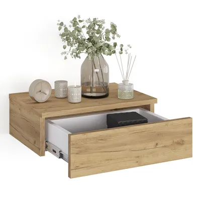 Produktbild von KOMTO Wandregal mit Schublade Honing Eiche - Nachttisch Hängend Nachttisch Wandmontage Wandschublade Nachtschrank Hängend | Monaco 46 x 30 x 15 cm