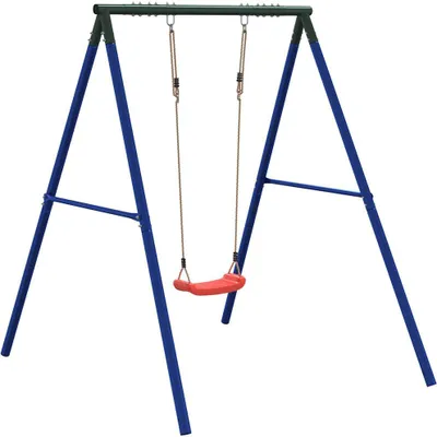 A swing set with a red seat on a white background.