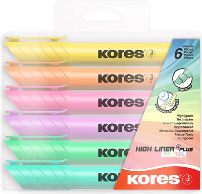 Image de Kores TM36060 Surligneur Kores "HIGH LINER PLUS", couleurs pastel, étui de 6 pièces
