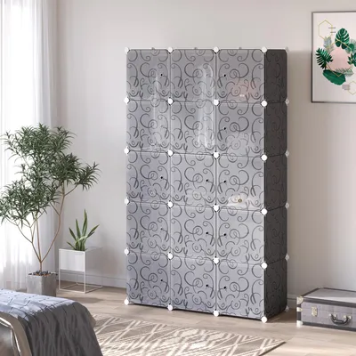 Produktbild von Modulares Kleiderschrank-Regalsystem mit 11 Würfeln und 2 Kleiderstangen, 111x47x183 cm, Schwarz-Weiß
