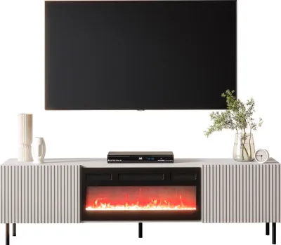 Produktbild von MIRJAN24 TV-Lowboard Aruba 2D 181 mit Kamin, TV-Schrank mit zwei Drehtüren, Realistische LED-Flamme, Gehärtetes Glas (Farbe: Cashmere)