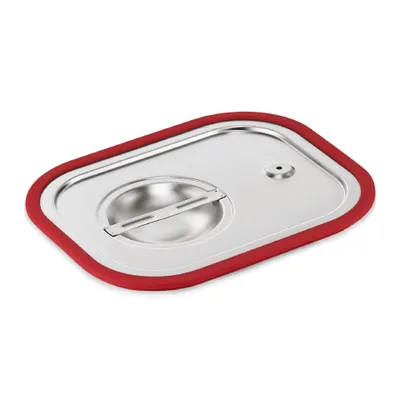 A metal lid with a red silicone seal and a central hinged opening.
