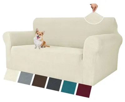 Produktbild von 2-Sitzer-Sofabezug mit Armlehnen, universeller Stretch-Sofabezug, Jacquard-Sofabezug, waschbar, Beige