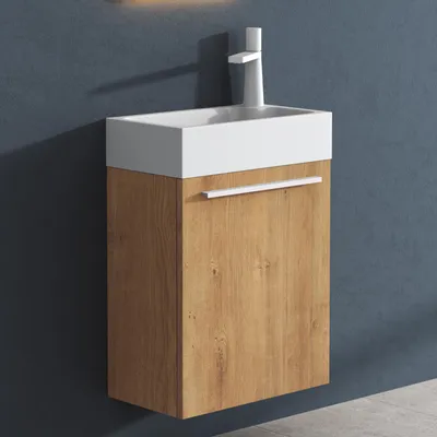 Produktbild von doporro Badmöbel-Set Waschtisch mit Unterschrank in Kerneiche Waschbeckenunterschrank Gäste WC 46x26x63cm mit matt Weiß Waschbecken Pisa